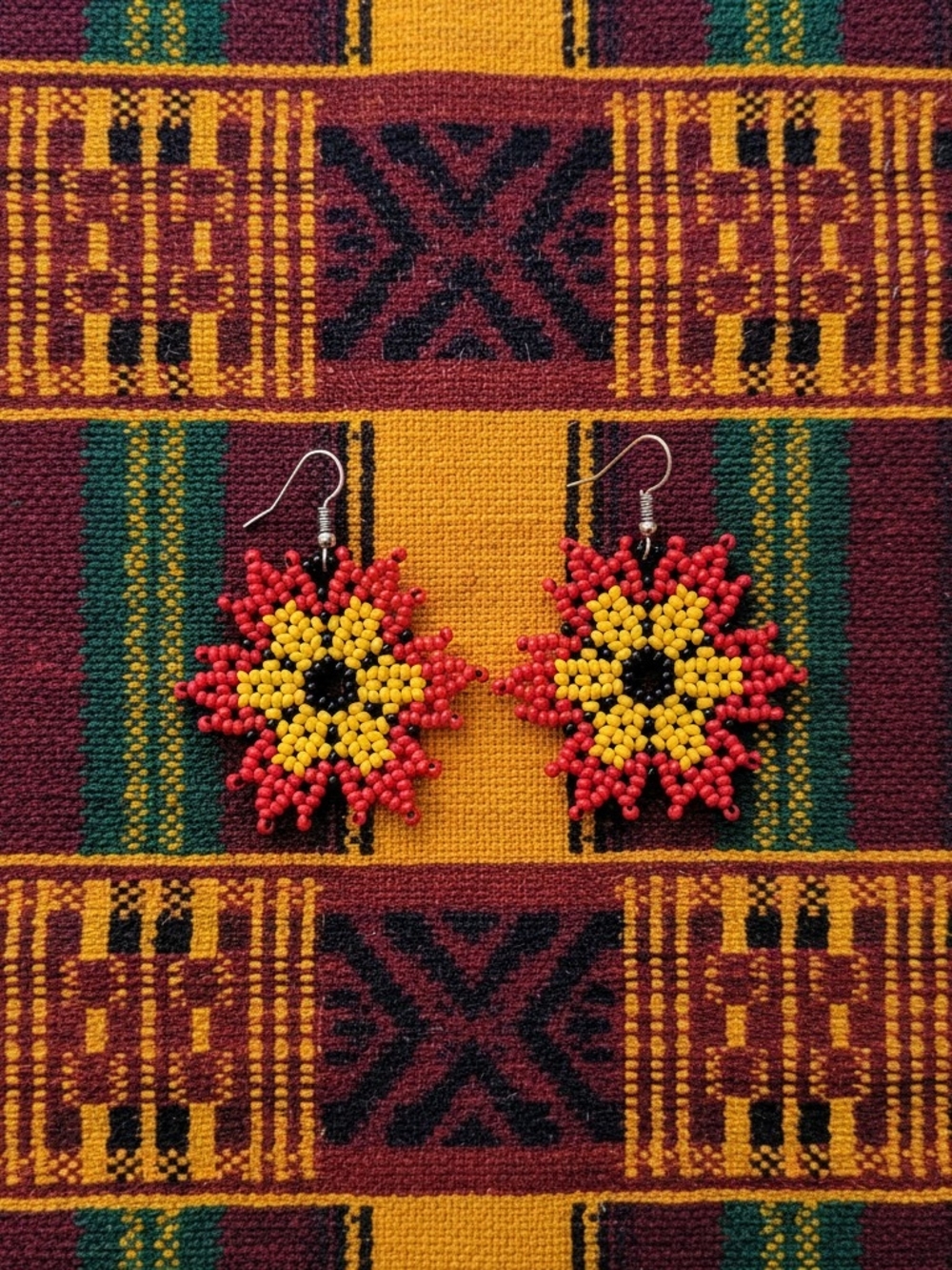 Vibrant Red & Yellow Beaded Sunflower Drop Earrings